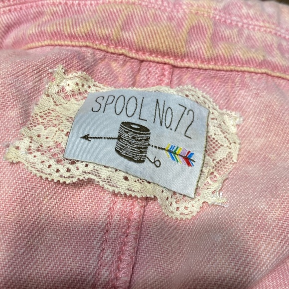 Spool 72 distressed pink denim jean jumpsuit overalls size small Petite - Picture 12 of 12